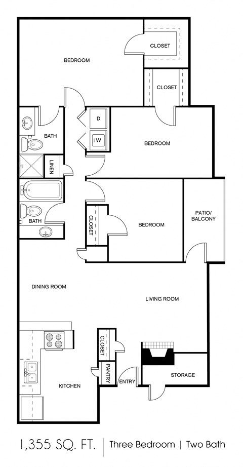 Floor plan for 3 beds, 2 baths, 1355 sqft